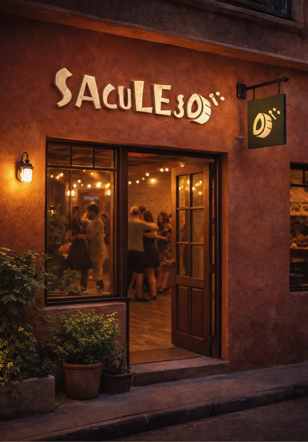 Fachada da Saculejo à noite, com o salão iluminado