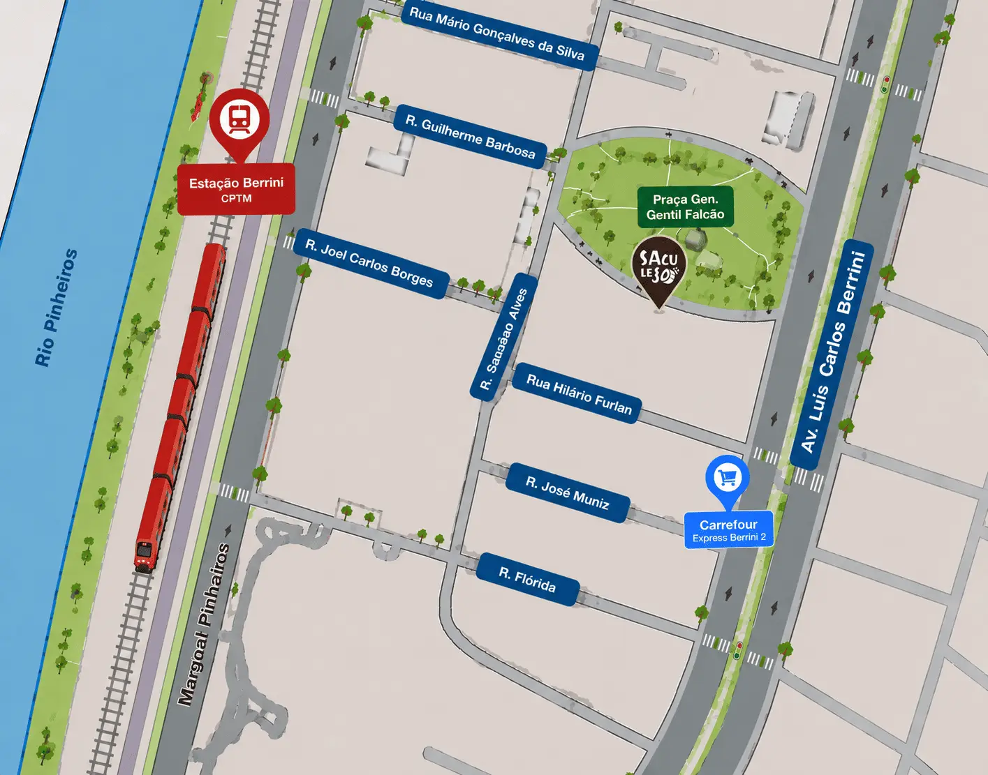 Mapa: Saculejo na Praça General Gentil Falcão, 71, na Berrini, perto da Estação Berrini da CPTM e da Av. Luís Carlos Berrini